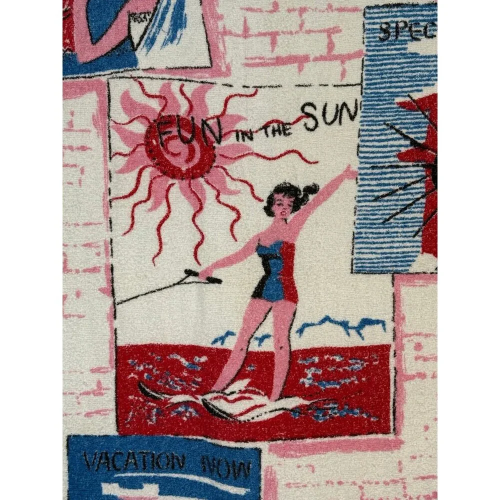 Vintage 1960s Kitsch Novelty Beach Towel, Pool, Play Now Pay Later